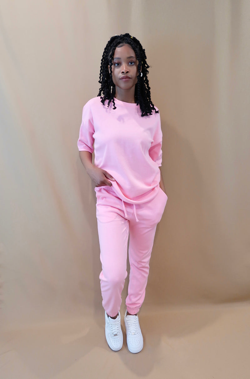 Drop Shoulder Top & Jogger Pants Set/ Bright Pink